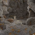 Natural Cave Interior With Rocky Walls Stone Table Dry Grass And Scattered Stones