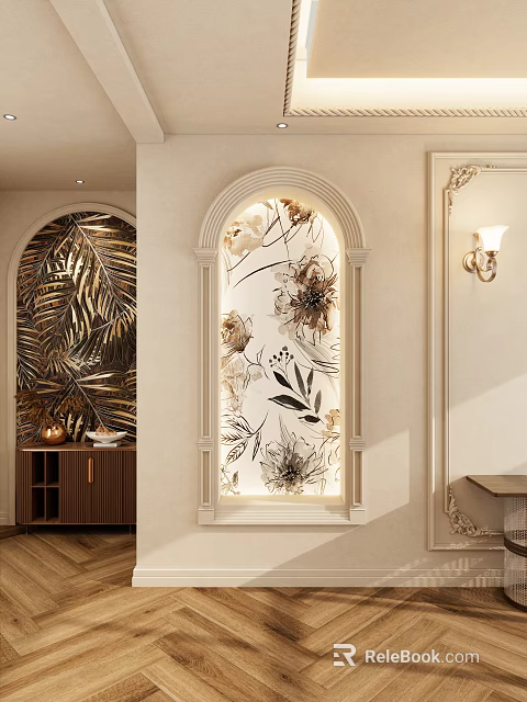Stylish Foyer Hallway With Arched Floral Mural Illuminated Design And Wooden Cabinet 3d model 