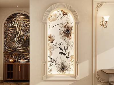 Stylish Foyer Hallway With Arched Floral Mural Illuminated Design And Wooden Cabinet 3d model