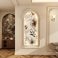 Stylish Foyer Hallway With Arched Floral Mural Illuminated Design And Wooden Cabinet