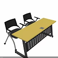 Modern Office Desk With Yellow Desktop Black Grid Design And Mesh Chairs