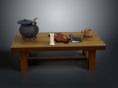 Rustic Wooden Table With Cast Iron Cauldron Wooden Spoon White Candle Oranges Knife And Barrel 3d model