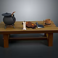 Rustic Wooden Table With Cast Iron Cauldron Wooden Spoon White Candle Oranges Knife And Barrel