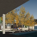 Contemporary Sales Office Building With Stone Facade Triangular Roof Water Fountain And Trees