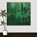 Green Textured Abstract Painting For Interior Wall Decor With Potted Plant