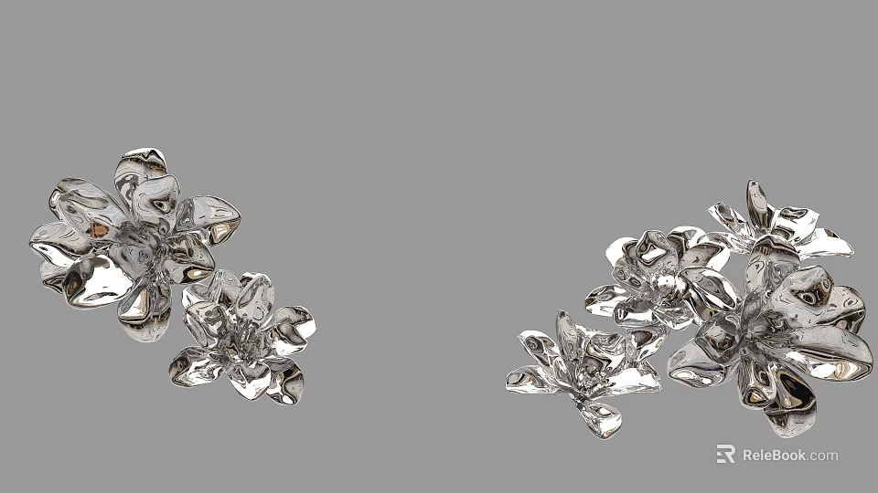 Silver Flower Decorations With Intricate Petals Arranged On Grey Background 3d model