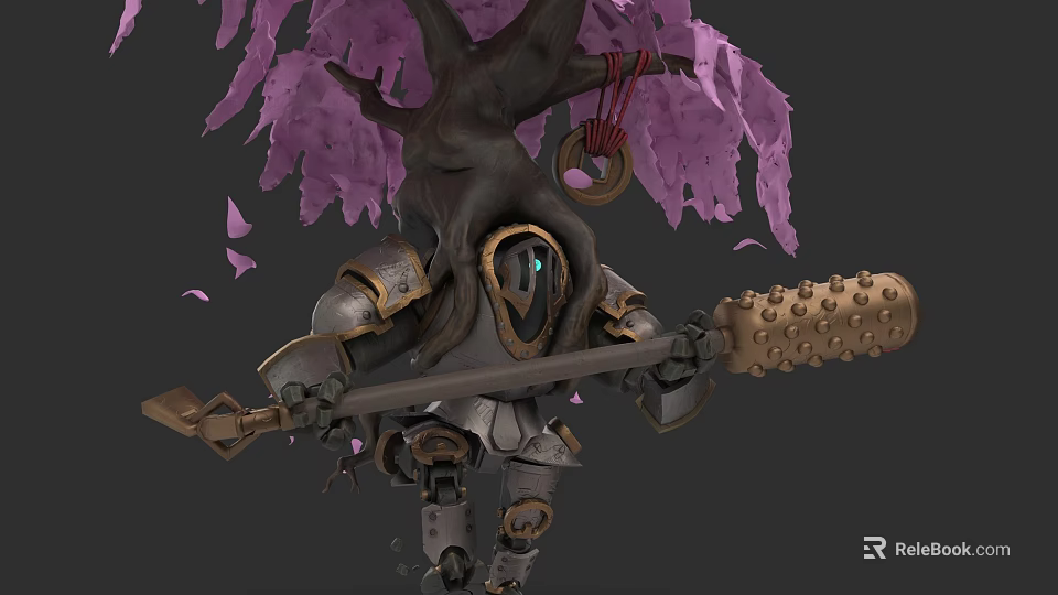 Armor Clad Tree Creature With Purple Blossom Leaves And Spiked Mace Weapon 3d model 