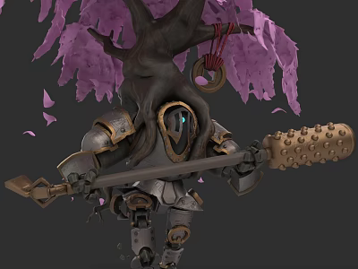 Armor Clad Tree Creature With Purple Blossom Leaves And Spiked Mace Weapon 3d model