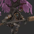 Armor Clad Tree Creature With Purple Blossom Leaves And Spiked Mace Weapon