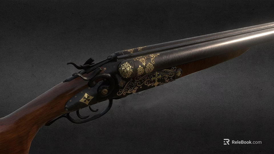 Vintage Decorative Weapon With Engraved Golden Patterns Wooden Stock And Black Barrel 3d model 