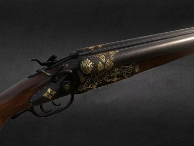 Vintage Decorative Weapon With Engraved Golden Patterns Wooden Stock And Black Barrel 3d model