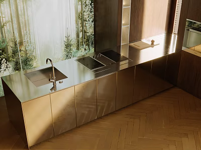 Modern Kitchen With Metallic Cabinets Sink Countertop And Natural Light 3d model