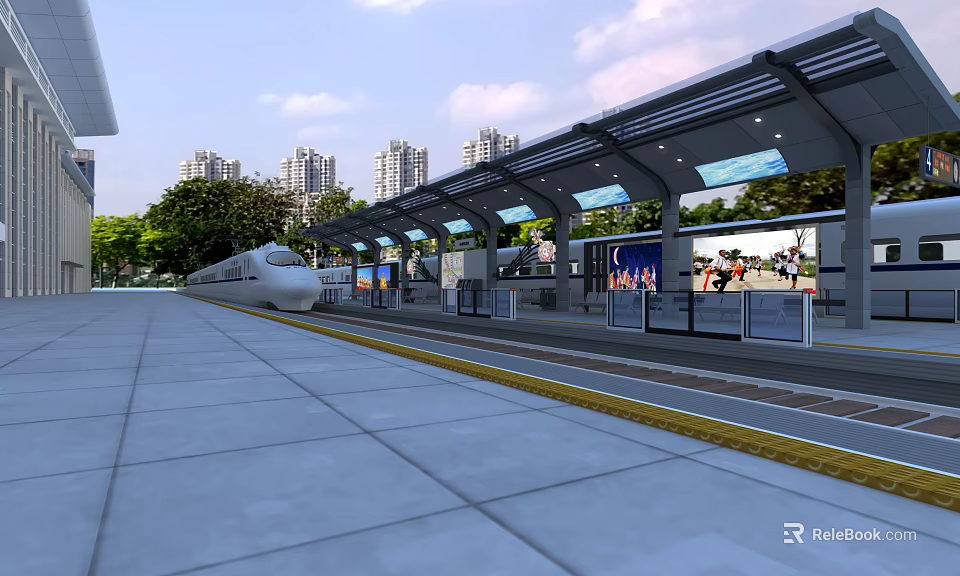 High Speed Train At Modern Railway Platform With Canopy Trees And High Rise Buildings 3d model 
