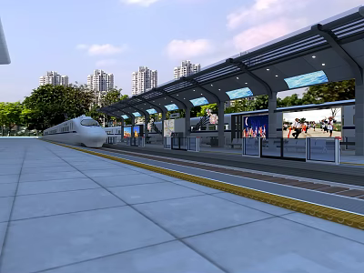 High Speed Train At Modern Railway Platform With Canopy Trees And High Rise Buildings 3d model