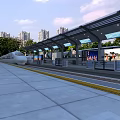 High Speed Train At Modern Railway Platform With Canopy Trees And High Rise Buildings
