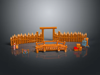 Rustic Scenery With Wooden Fence Bridge And Small Decorative Items 3d model