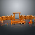 Rustic Scenery With Wooden Fence Bridge And Small Decorative Items