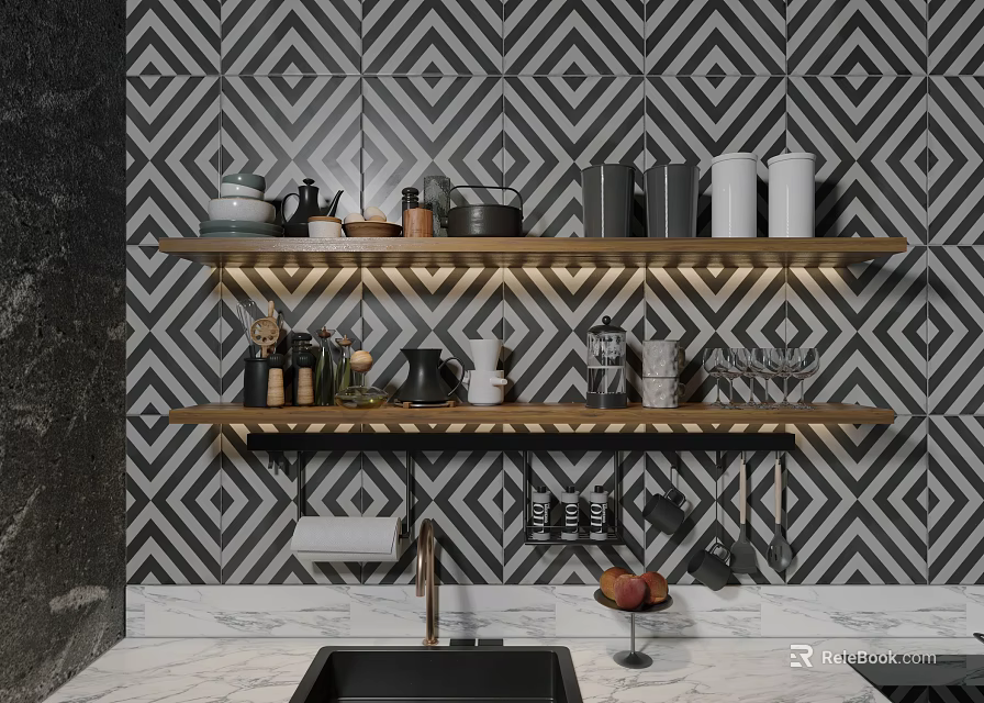 Stylish Kitchenware Pots Cups Bottles On Wooden Shelves With Diamond Pattern Wallpaper And Marble Countertop 3d model 