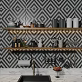 Stylish Kitchenware Pots Cups Bottles On Wooden Shelves With Diamond Pattern Wallpaper And Marble Countertop