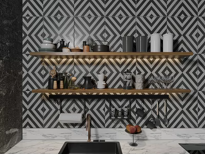 Stylish Kitchenware Pots Cups Bottles On Wooden Shelves With Diamond Pattern Wallpaper And Marble Countertop 3d model