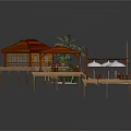 Wooden Stilt Building With Roofed Structure Platform Palm Trees Hammock And Furniture
