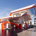 Orange Canopy Gas Station With Fuel Dispensers Motorcycle And Blue Sky