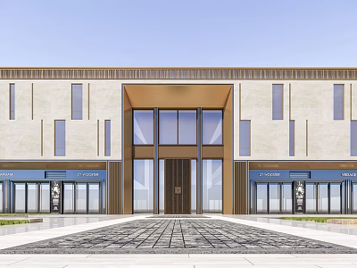 Modern Sales Office Building Exterior Design With Large Glass Windows Front Entrance And Paved Plaza 3d model