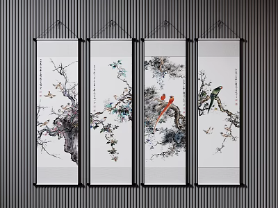 Traditional Chinese Scroll Paintings With Birds Flowers And Branches Four Panel Wall Decor 3d model