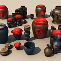 Traditional Wine Bottles And Cups With Ceramic Jars Red Lids And Chinese Characters