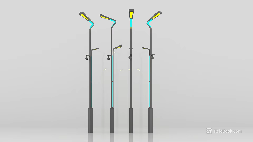 Sleek Modern Outdoor Lights with Curved Lamp Heads Yellow Illumination and Metal Poles 3d model 