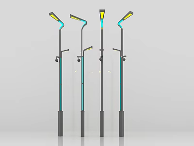 Sleek Modern Outdoor Lights with Curved Lamp Heads Yellow Illumination and Metal Poles 3d model