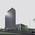 Modern Office Building With Glass Facade And Evening Lighting Surrounded By Trees And Road