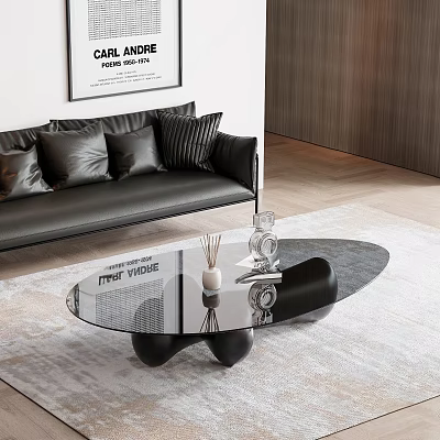 Modern Black Glass Coffee Table With Decorative Items In Contemporary Living Room 3d model