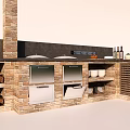 Rustic Kitchen Cabinets With Brick Chimney Double Stoves And Wine Rack Design 3d model