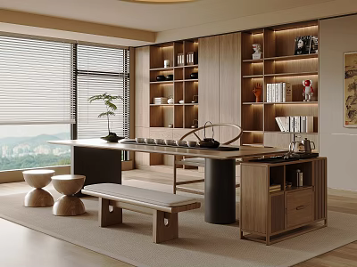 Modern Tea Room Interior Design With Wooden Shelves Long Table Stools Bench Decorations And View 3d model