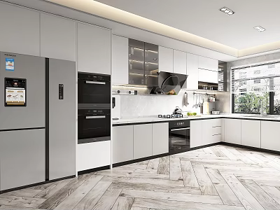 Modern Kitchen Interior With White Cabinets Silver Appliances And Wooden Floors 3d model