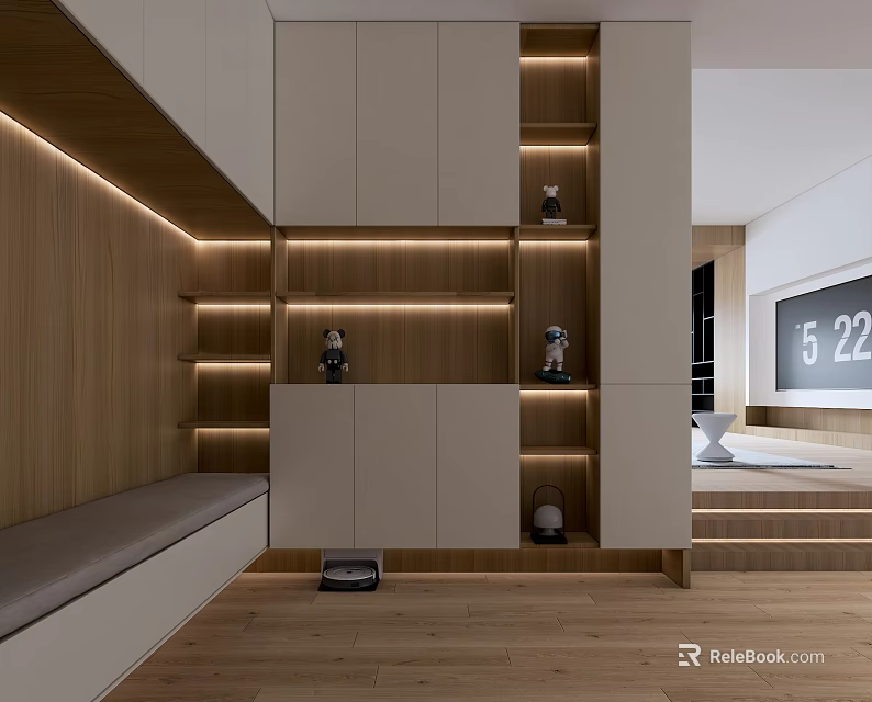 Modern Entryway With Wooden Shelves Ambient Lighting And Bench 3d model 