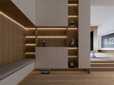 Modern Entryway With Wooden Shelves Ambient Lighting And Bench 3d model