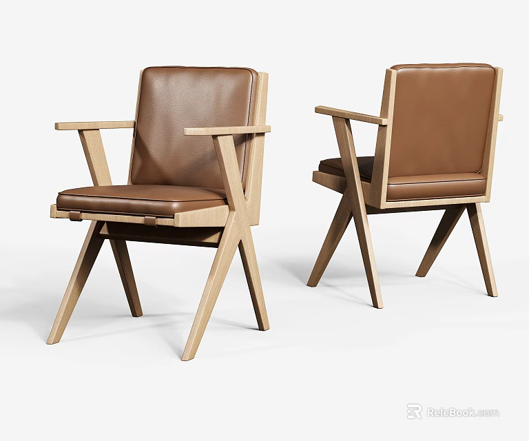 Modern Brown Leather Accent Chair With Wooden Frame Armrests And Crossed Legs Design 3d model 