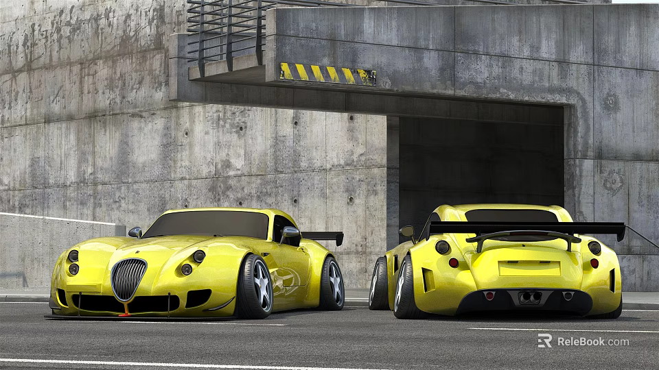 Two Yellow Sports Cars With Sleek Design At Concrete Tunnel Entrance 3d model 