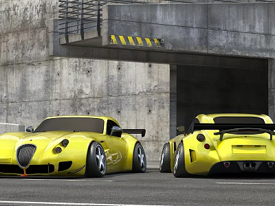 Two Yellow Sports Cars With Sleek Design At Concrete Tunnel Entrance 3d model