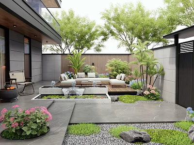Modern Garden Landscape Featuring Outdoor Sofa Green Plants Stone Slab Floor And Flower Beds 3d model