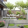 Modern Garden Landscape Featuring Outdoor Sofa Green Plants Stone Slab Floor And Flower Beds