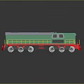 Green Red Train Locomotive With Yellow Railings Gray Top Silver Wheels On Reflective Surface
