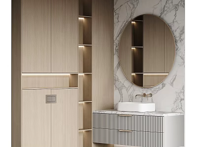 Modern Bathroom Cabinet With Round Mirror Marble Wall And Drawer Sink 3d model