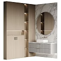 Modern Bathroom Cabinet With Round Mirror Marble Wall And Drawer Sink