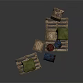 Wooden Pallets With Crates Red Blue Barrels And Green Cloth Arrangement