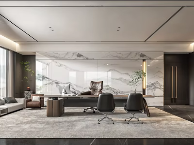 Modern Office Interior Design With Large Desk Green Plants And Marble Feature Wall 3d model
