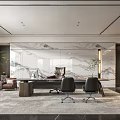 Modern Office Interior Design With Large Desk Green Plants And Marble Feature Wall