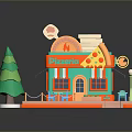 Colorful Cartoon Style Pizzeria 3D Model With Pizza Sign Stacked Boxes Outdoor Seating And Trees